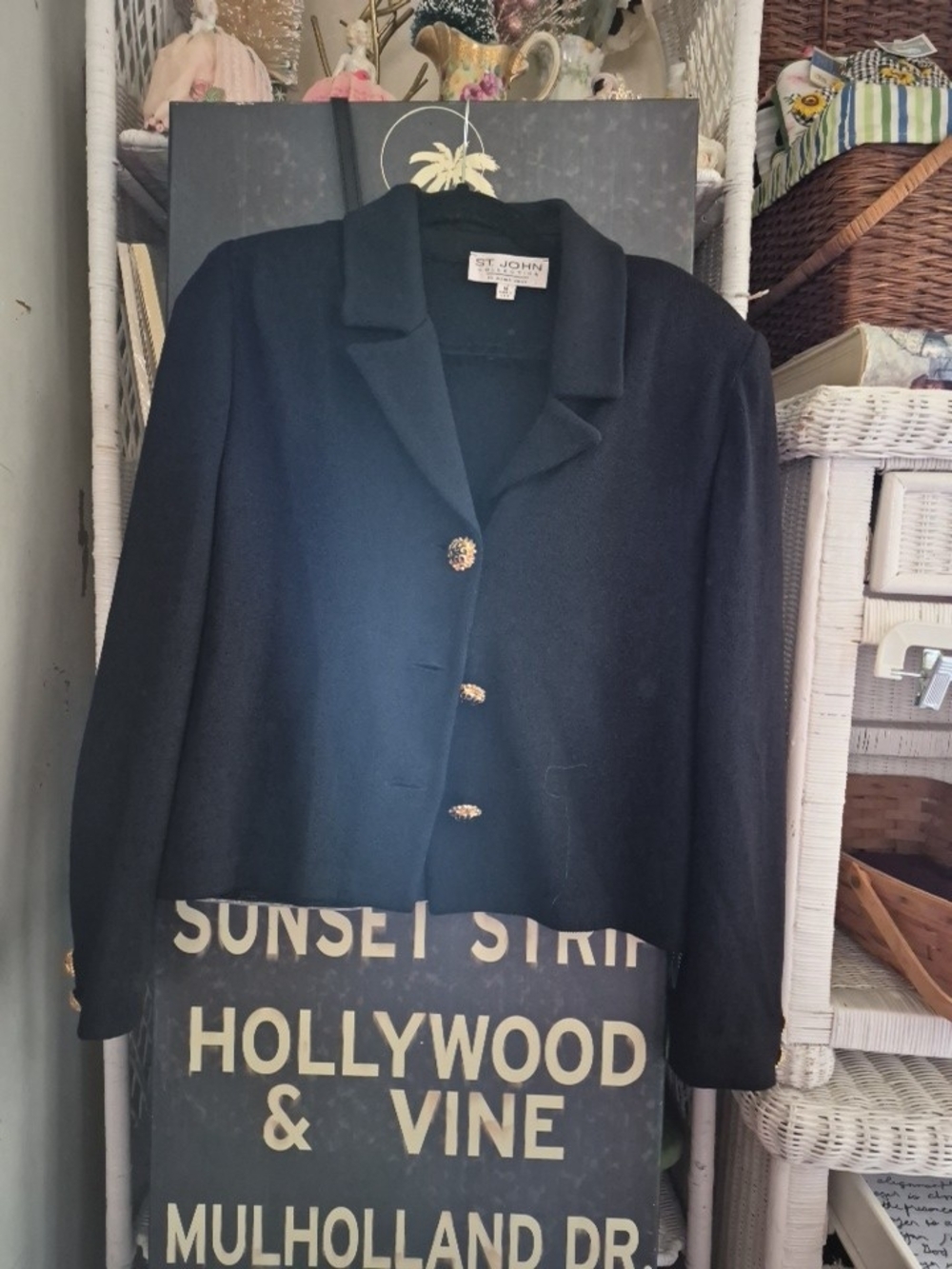 St. John Black Cropped Knit Blazer with Gold Buttons
